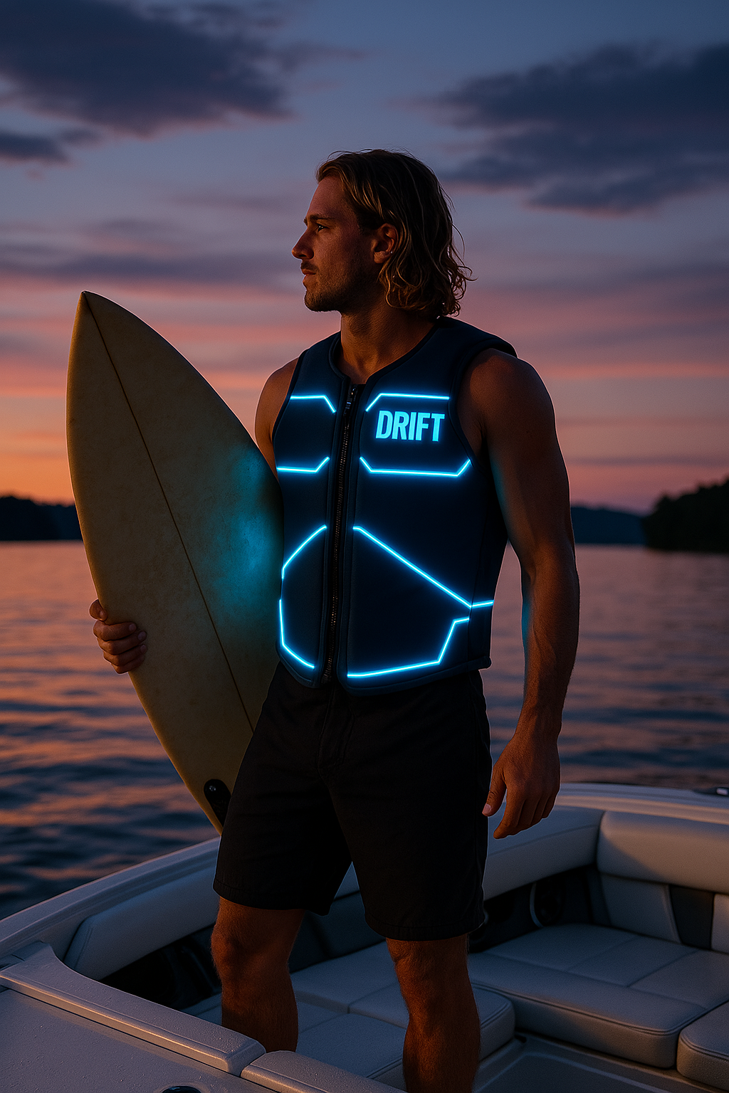 A man standing on a boat at sunset holds a surfboard while wearing a black life vest with glowing blue DRIFT branding and reflective lines.